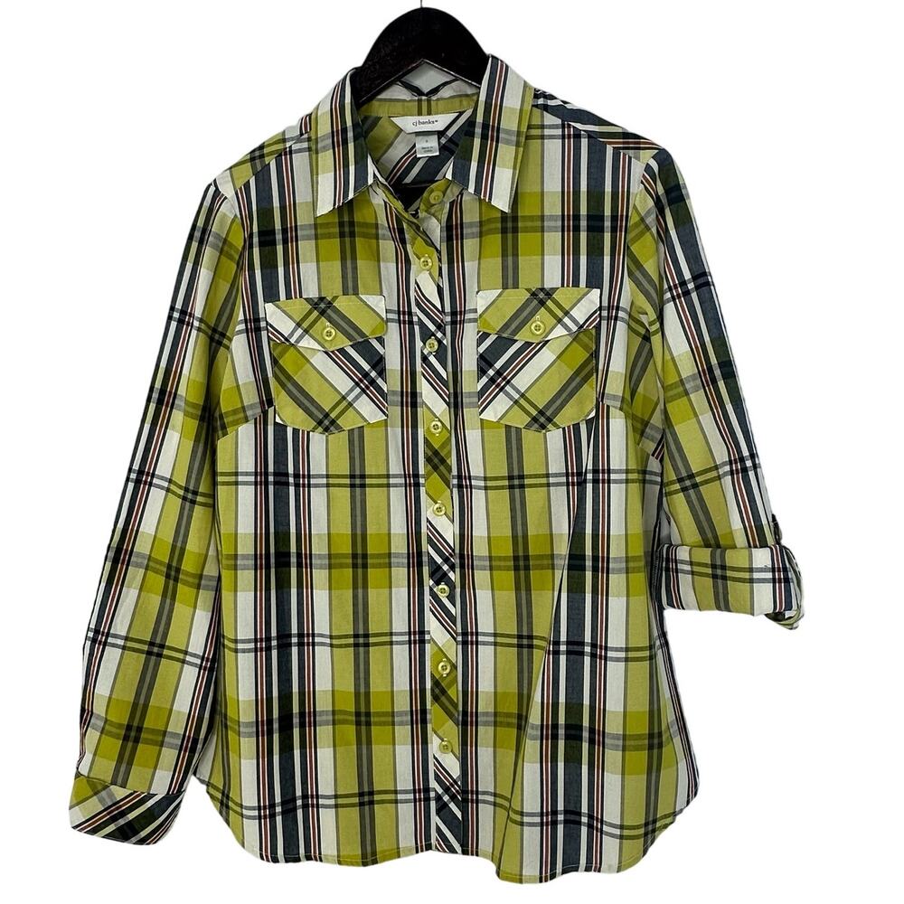 CJ Banks Green Plaid Casual Button Up Shirt Size X (14W) Everyday Normcore Basic